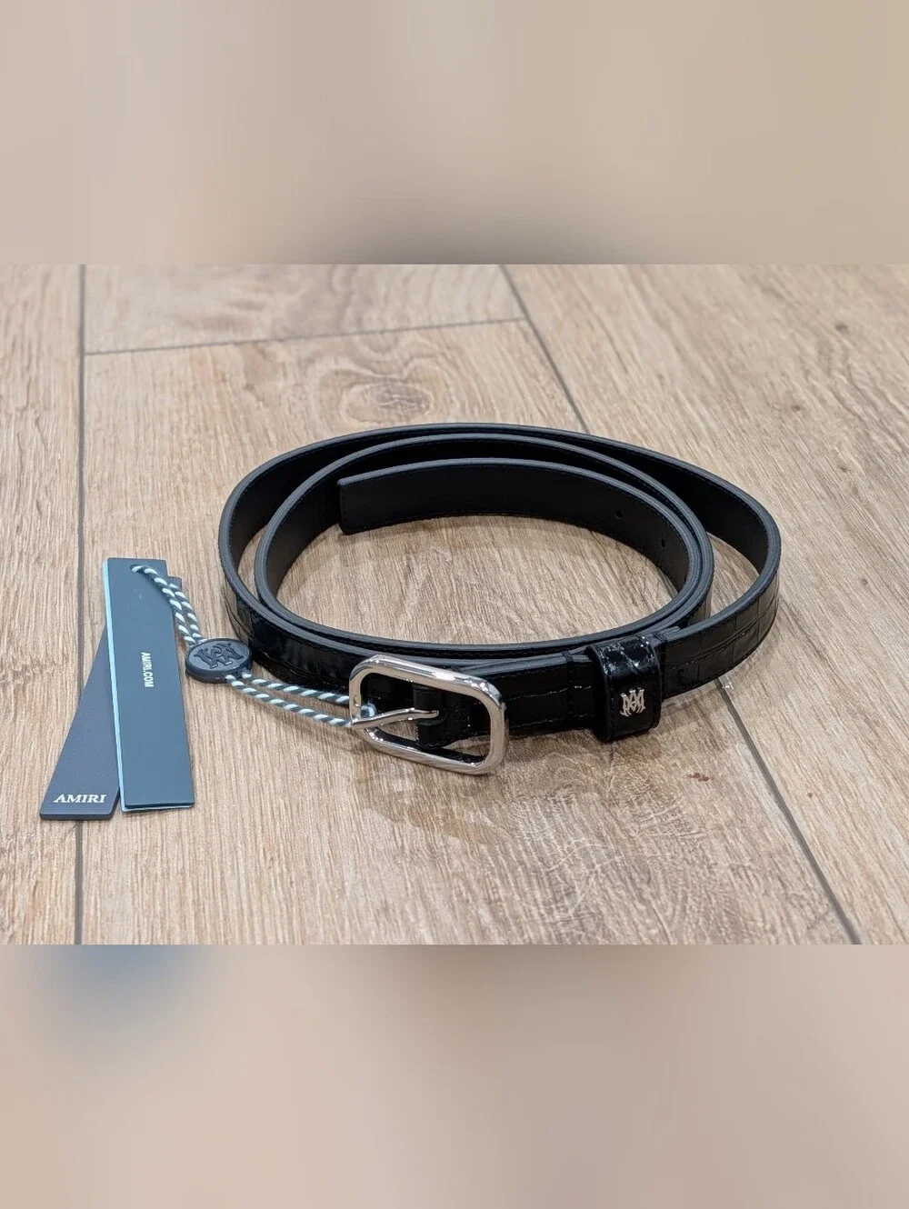 $550 AMIRI Crocodile Embossed Skinny Leather Belt Black 105 US 40